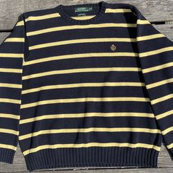 Vintage Lauren Ralph Lauren Navy Yellow Striped Crest Knit Sweater Mens XL Classic Preppy