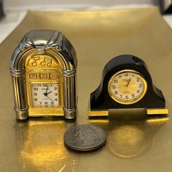 2 New Miniature Clocks Jukebox And Mantle FREE Quartz Batteries Installed 