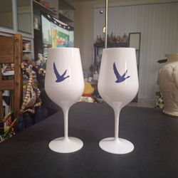 Grey Goose Vodka Branded Non Break Plastic Stemmed Cocktail Wine Glasses Set Of 2 White W/Blue Logo 8.5"H Mint Condition