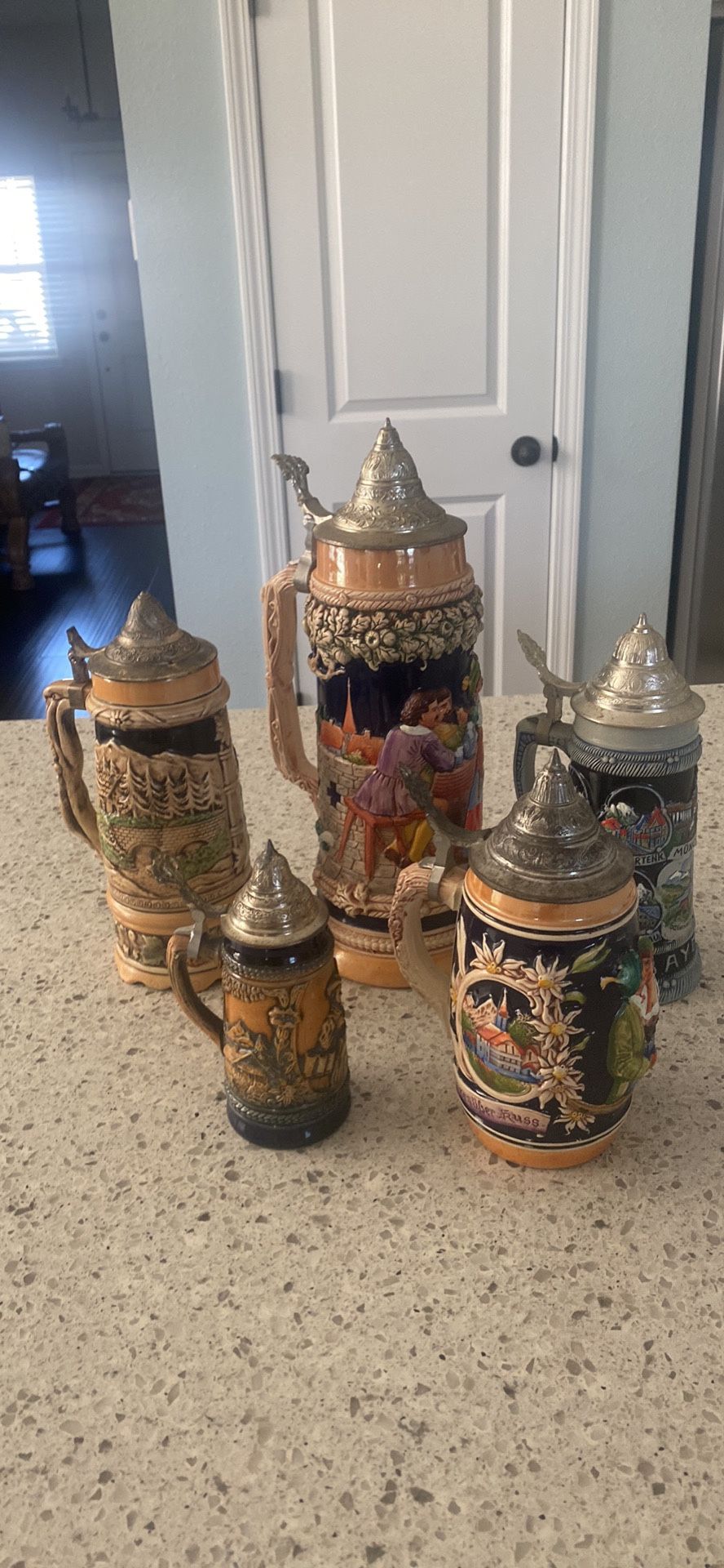 Vintage German Beer Steins With Pewter , Set Of 5