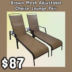 NEW Brown Mesh Adjustable Chaise Lounge Pair: Njft 