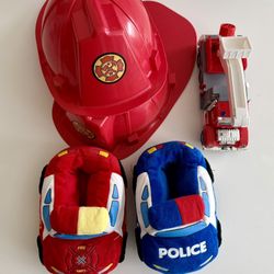 Fire truck helmets, firefighter and police slippers, play pretend costume toddler preschool
