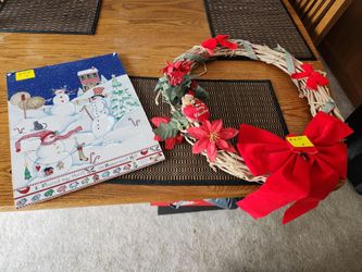 Wood Wreath Decorated And Snowman Sign