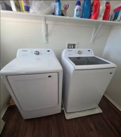 Matching Samsung laundry set in white, purchased NEW and less than a year old — in excellent, like-new condition. 

Includes the high-efficiency top-l