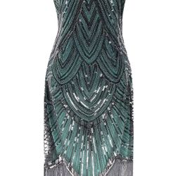 Womens Vintage Lace Fringed Gatsby 1920s Cocktail Dress-3X