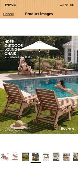 Tan HDPE Outdoor Lounge Chair with Wheels Set of 2