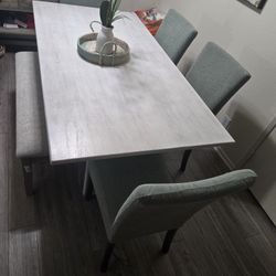 White Wash Dining Table With Chairs And Bench With  Storage