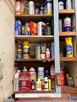 Large Lot of Workshop VINTAGE Spray Cans and Fluids