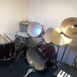 Percussion Plus Wine Red Drum Set With Zildjian Crash Symbol