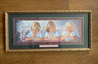 Vintage Homco 3 Angels/sisters framed picture Matthew 18:10