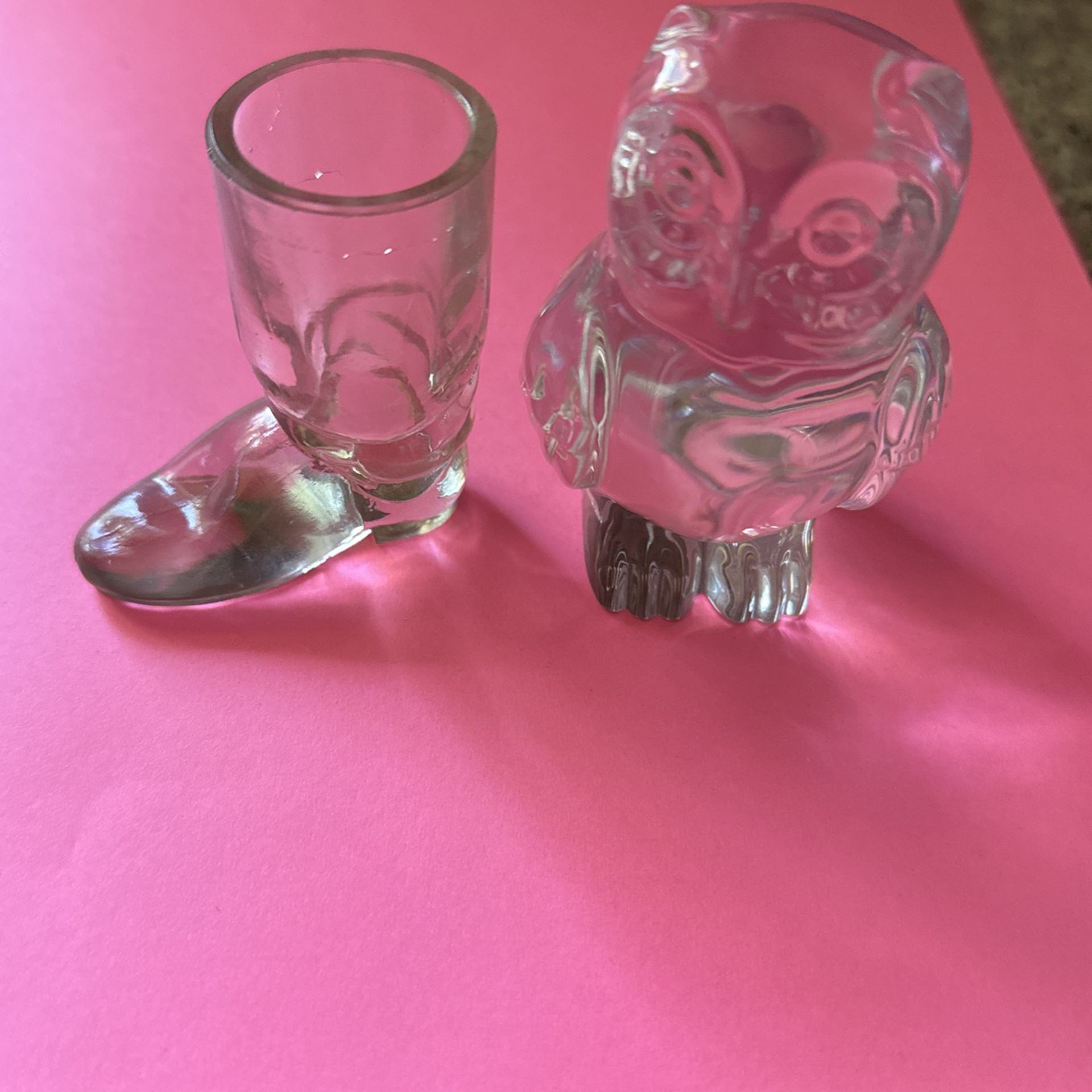 Glass Owl Paperweight And Boot.  Owl Is Heavy