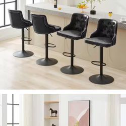 Antique Black Adjustable High Back Bar Stool with Black Metal Frame Counter Height Faux Leather Counter Stool (Set of 4)
