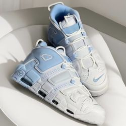 Nike Air More Uptempo Comfortable and versatile High-top Retro Basketball Shoes Unisex White and Blue Colorblocking