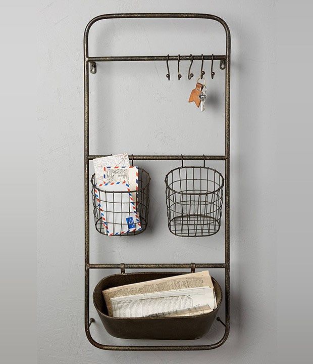 Metal Wall Rack with 5 Hooks & 3 Baskets 