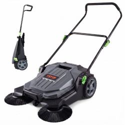 Walk-behind Hand Push Floor Sweeper, 25.6" Sweeping Width Floor Sweeper Manual Non-Electric, 5-Gallon Waste Container, Angle & Height Adjustable Foldi