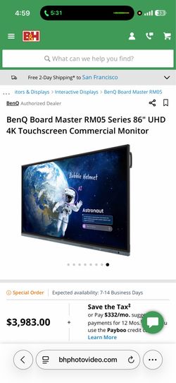 BenQ Board Master RM05 86" 4K UHD Interactive Touchscreen Smart Display