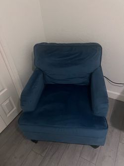 White modern office chair and blue accent chair in great condition