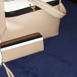 Tan , Black And White Stripe Purse & Wallet Set