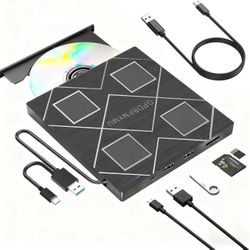 5-in-1 Extemal CD/DVD Drive for Laptop,USB 3.0 & Type-C Portable CD/DvD Rw Burner with SD/TF Card Reader & 2 USB Ports