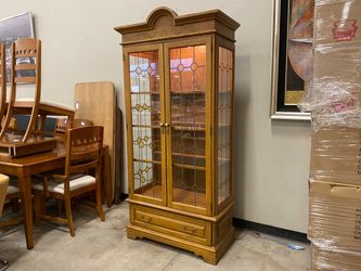 Wooden China Hutch with Glass Shelves and Light
