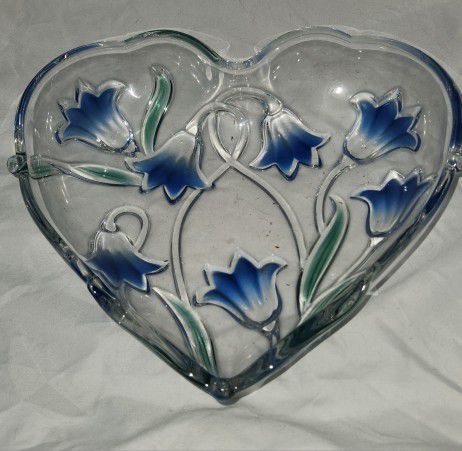 Vintage Walther Glass Blue Flower Heart Shaped Bowl