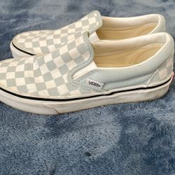 blue and white checkered slip on vans