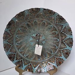Akcam Glassware Co. Turkish decorative 12"  glass  bowl,  featuring reverse painting and embellished metallic detailing. 