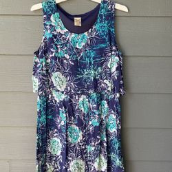 Faded Glory Women’s Size L (12-14) Summer Shift Dress - Navy Green White Floral 