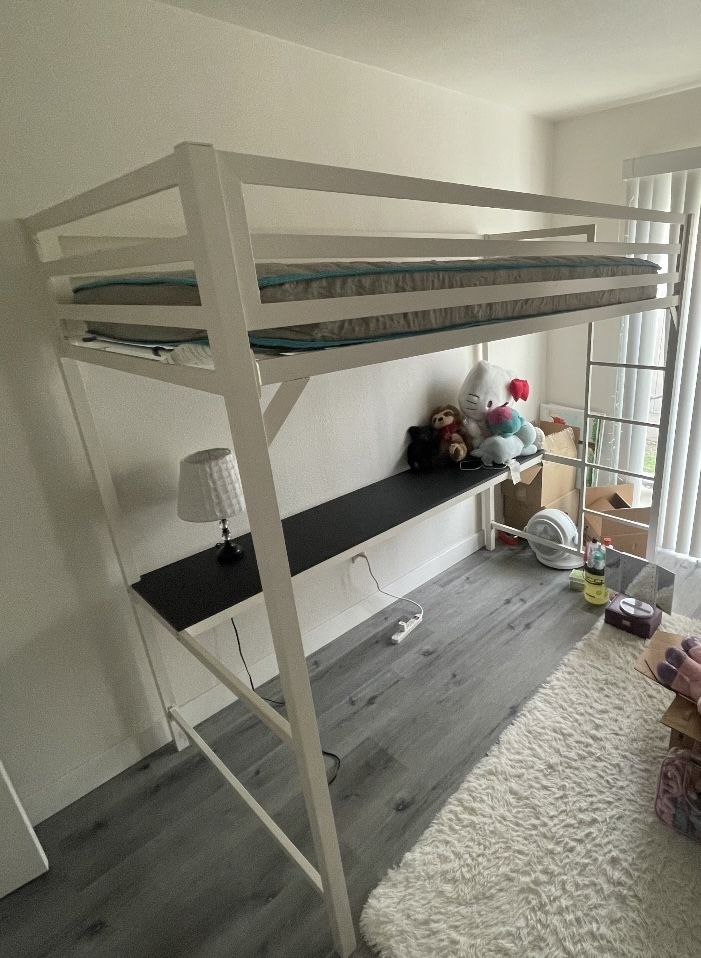 White Loft Bed With Desk