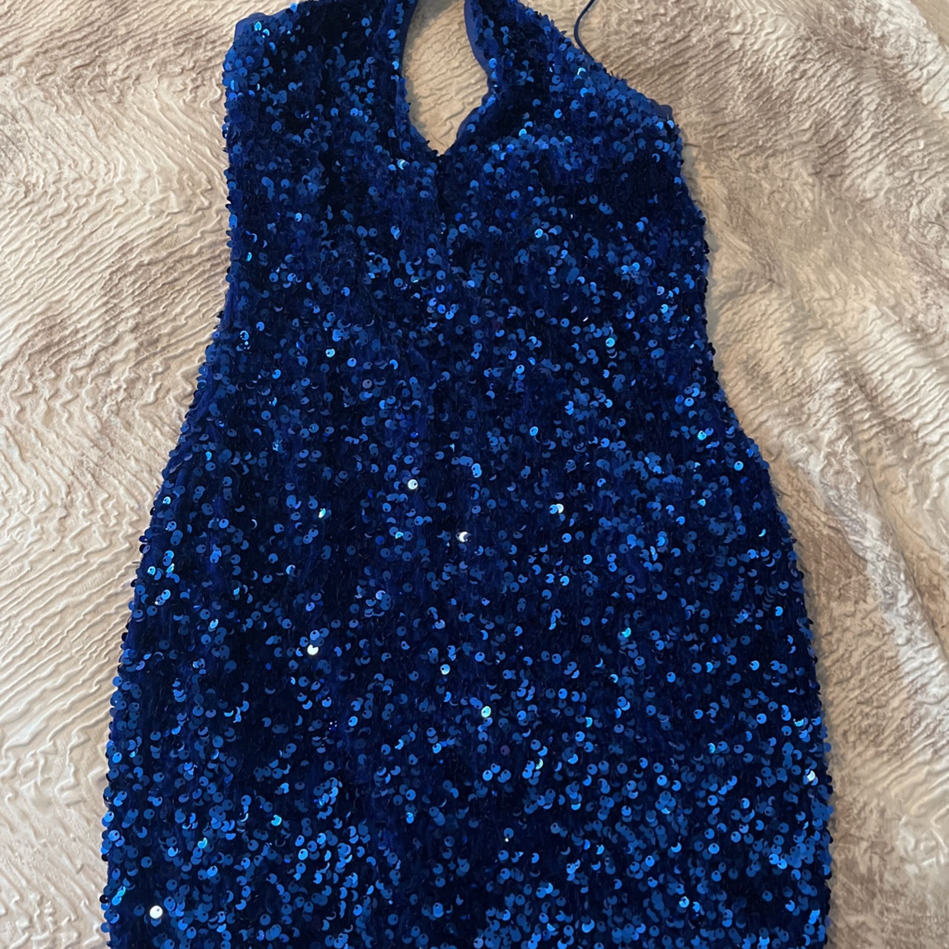 Blue Sequin Halter Mini Dress
