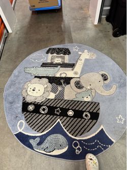 SAFAVIEH Carousel Kids Collection Area Rug - 5'3" Round, Blue & Grey, Animal Design, Non-Shedding &