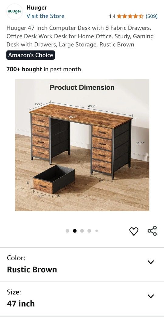 Huuger 47 Inch Computer Desk with 8 Fabric Drawers, Office Desk Work Desk for Home Office, Study, Gaming Desk with Drawers, Large Storage, Rustic Brow