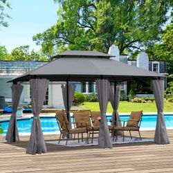 13x10 Outdoor Patio Gazebo Canopy Tent With Ventilated Double Roof And SideWall(Detachable Curtain Included On All Sides),Suitable for Lawn, Garden, B