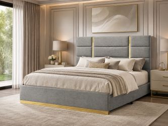 Grey Fabric Upholstered Queen Panel Bed Tall Headboard Cama Tapizada Gris Cama Queen Venta Furniture Sale Muebles