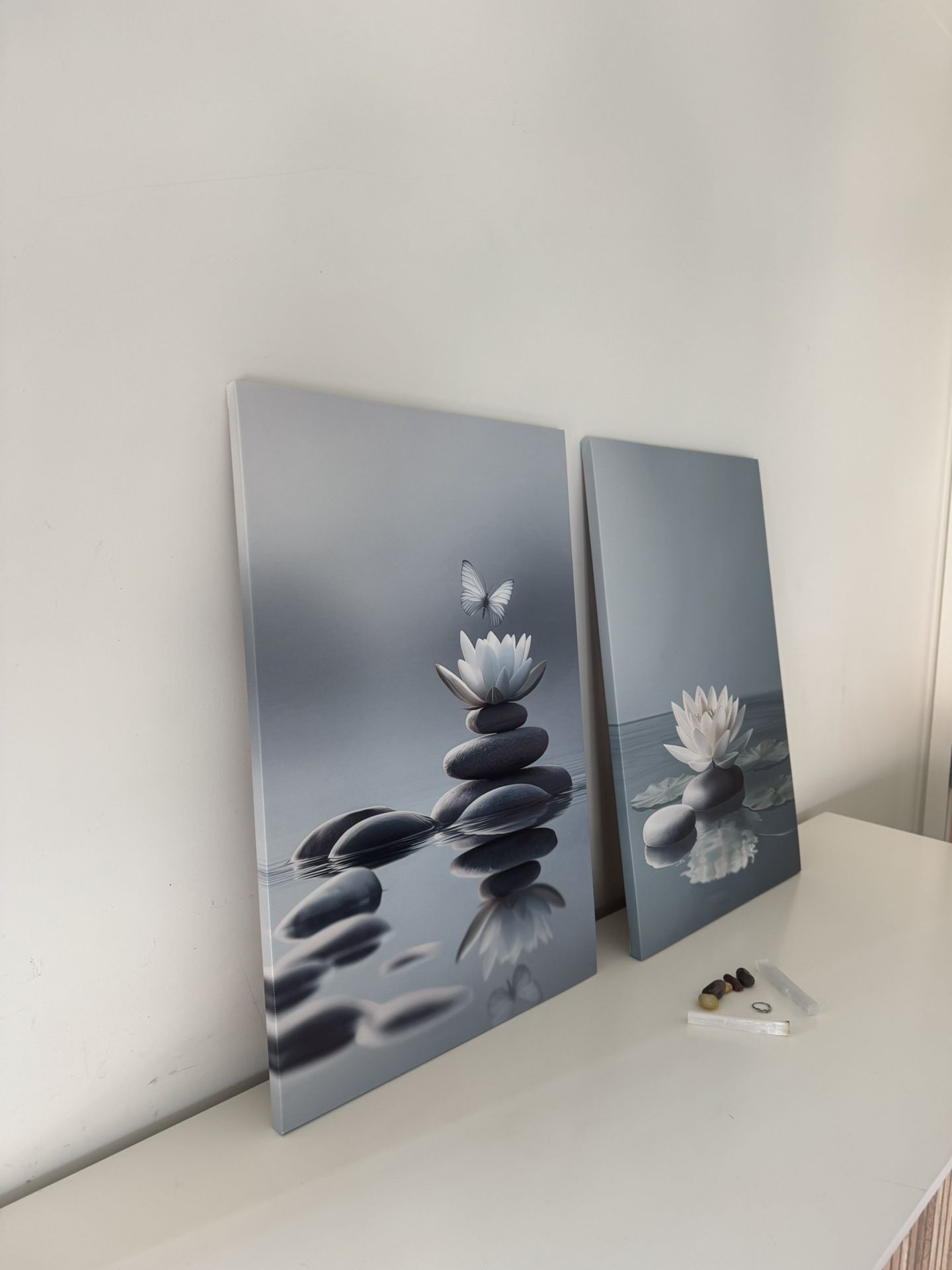 Zen Stones Spa Wall Art White Lotus Floral Bloom on Stone in Water