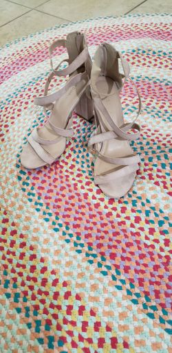 Wild Diva beige suede-like block heel sandals feature a strappy open-toe design and a rear zipper closure