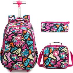 Rolling Backpack for Girls 18inch with Lunch Bag and Pencil Case, Lightweight School Bookbags for Boys and Girls