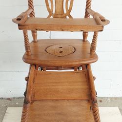 Antique Victorian 3-in-1 Convertible Oak High Chair – Hand-Painted Tray & Abacus – c. 1890