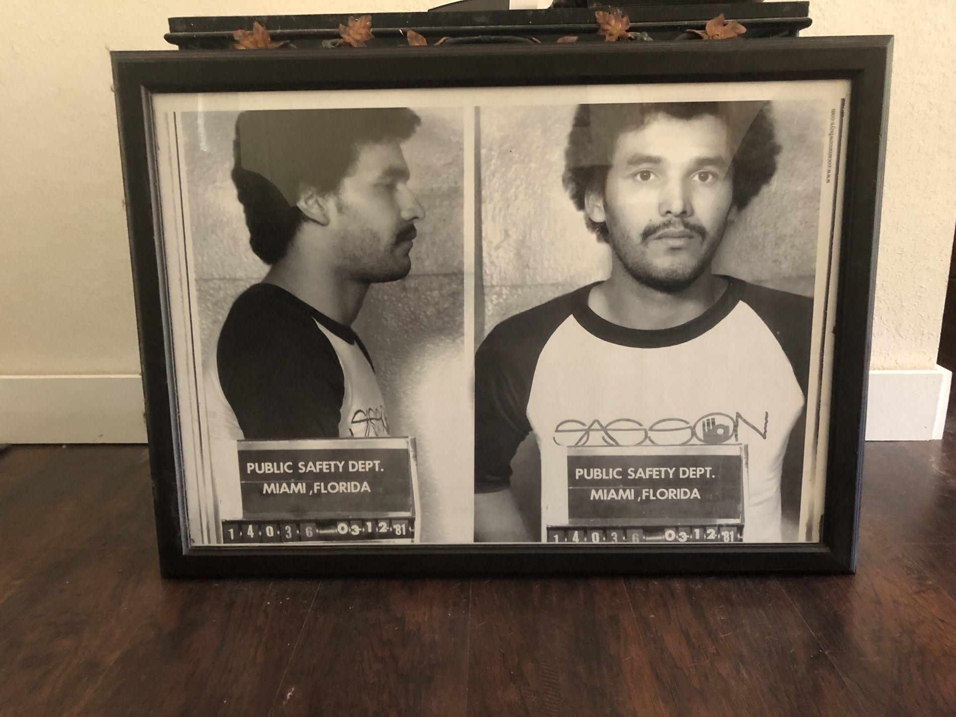 Wood frame Cocaine Cowboys mugshot poster w/ plexiglass
