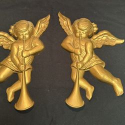 Vintage 1968 Syroco Mid-Century Large Gold Pair Of Angel Cherubs Wall Plaques