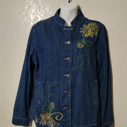 Denim Jacket Womens Medium Embroidered Flowers 