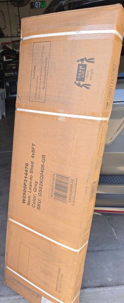 4 ft x 8 ft Lean To Metal Shed. Still factory sealed. Never opened.  Ordered by mistake. To small for us.