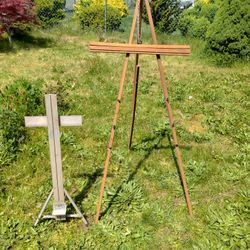 Vintage painting easel pair, Starrite aluminum and wooden tripod