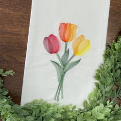 Tulip Embroidered Cotton Tea Towel Spring Kitchen Decor Farmhouse