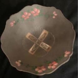 Beautiful Vintage Hand Painted Pink Frosted Glass Bowl 