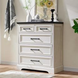 Farmhouse 5 Drawer Dresser, 32 " Storage Cabinet for Bedroom, Chest of Drawers Wood Organizer for Living Room,White  Adequate Storage Space