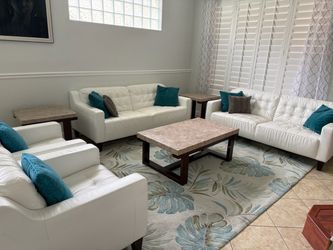 White Leather Living Room Sofa Set