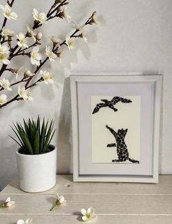 Cat & Seagull Silhouette – Fossilized Teeth Wall Art | 11” x 9” | Handmade Coastal Art