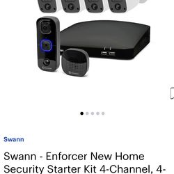 Swann - Enforcer New Home Security Starter Kit 4-Channel, 4-Camera Indoor/Outdoor Wired 4K Ultra HD DVR 1TB HDD & Video Doorbell - Black