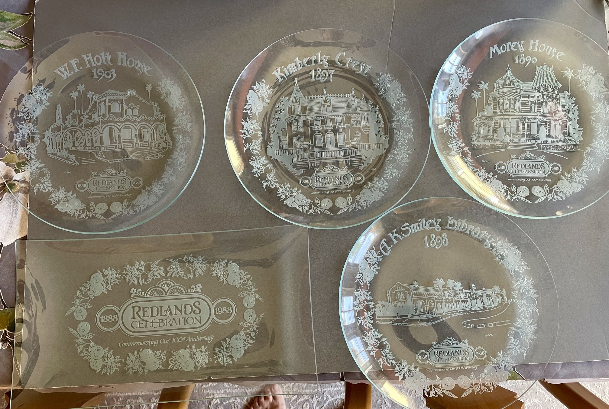 Redlands 100 Year Celebration Etched Glass Plates - 1988